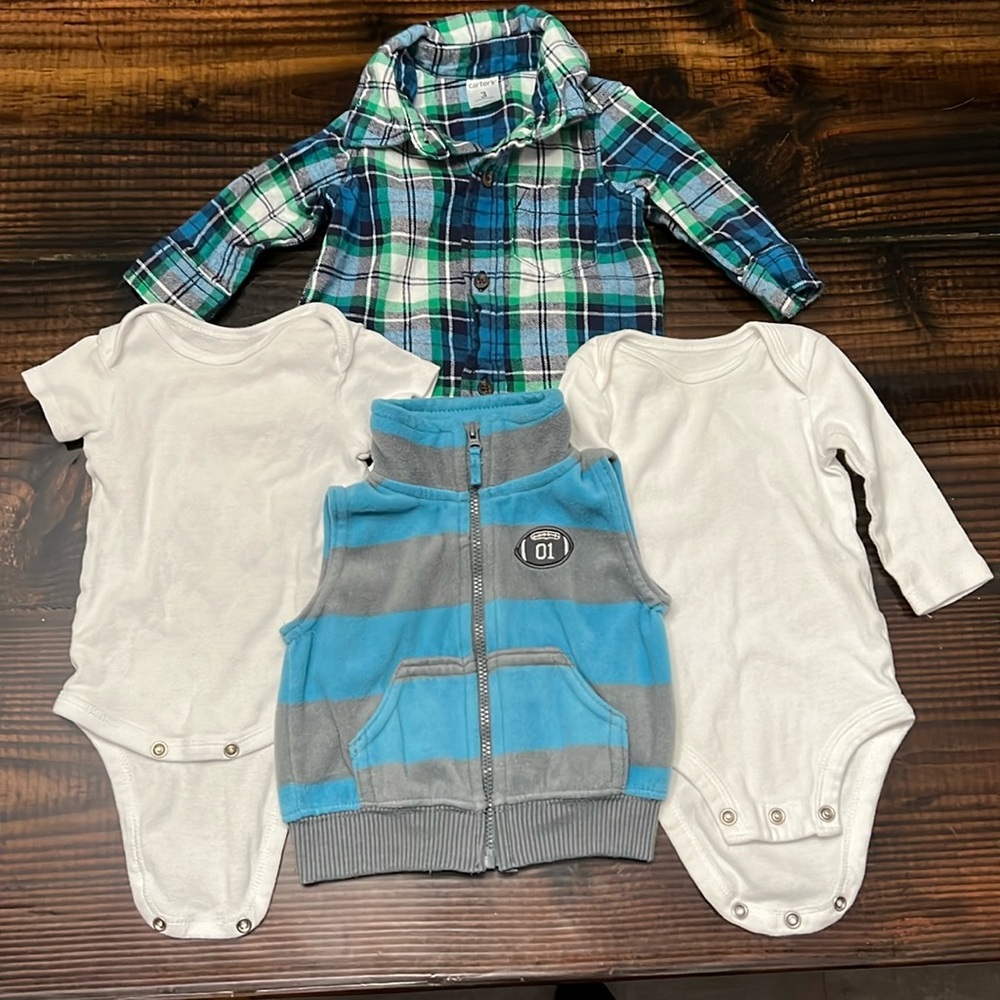 Plaid Button-up, Fleece Vest, and Two Bodysuits